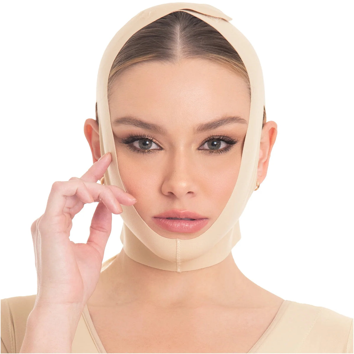 Mentonera facial M y D 0810 de compresión media con ajuste de velcro para pómulos y mentón.
